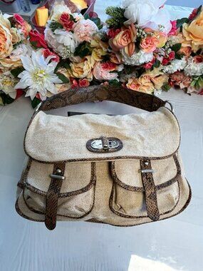 Mondani New York Canvas Faux Snakeskin Shoulder Bag Satchel LINEN